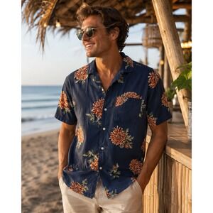 NWT Goodfellow & Co Vacay Floral Camp Shirt Men's Small Blue Button Up Cotton